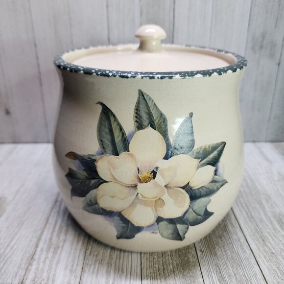 Vtg Casey Pottery Marshall Texas Stoneware Cookie Jar Lid Magnolia Flower 1998 - Picture 1 of 10